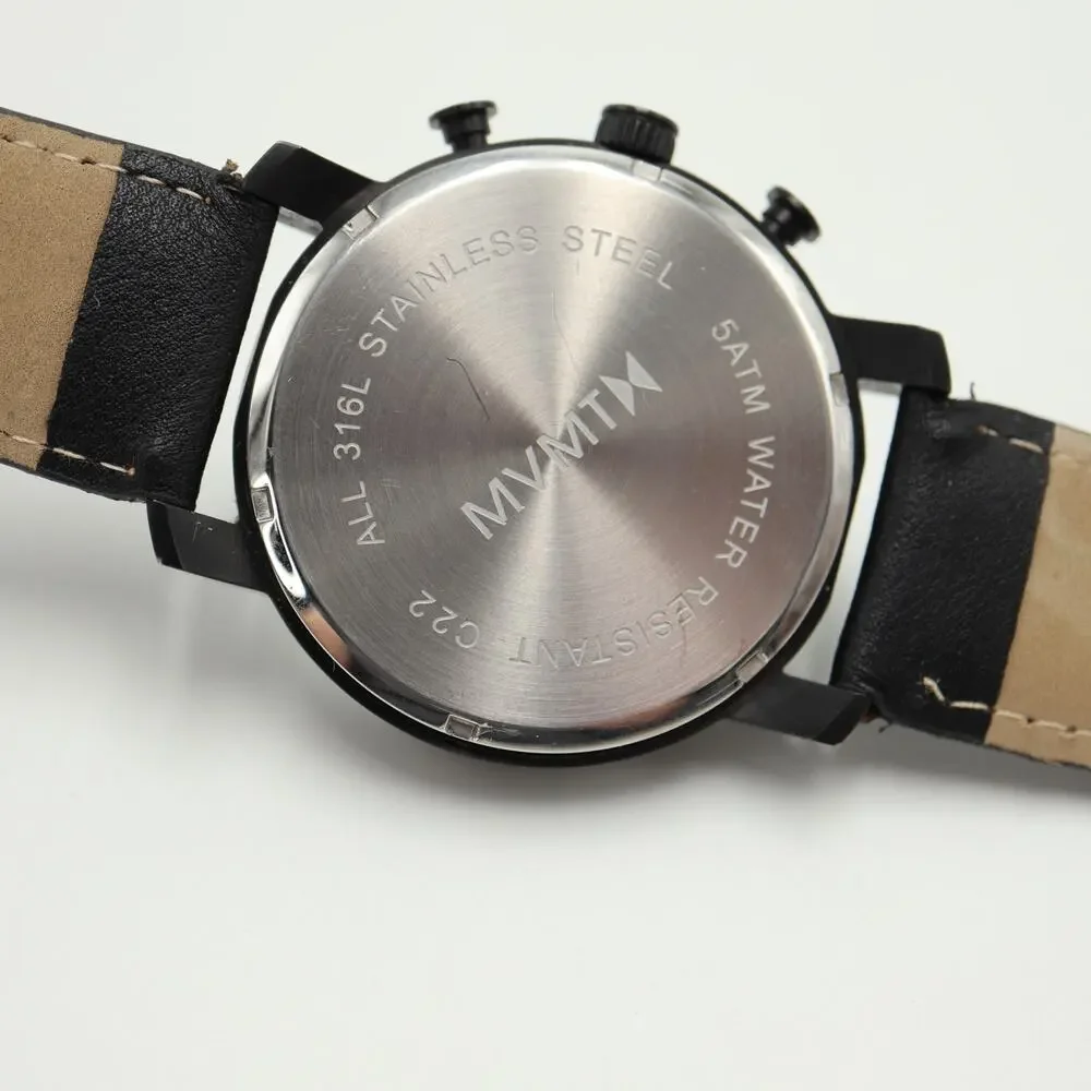 MVMT Men's 45mm Chronograph Minimal Watch White Black Faux Leather w New Battery